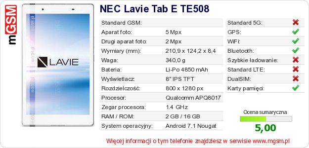 Dane telefonu NEC Lavie Tab E TE508
