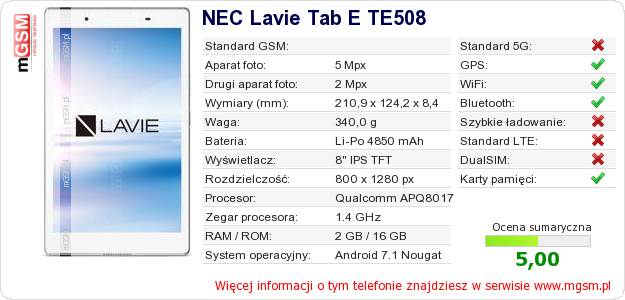Dane telefonu NEC Lavie Tab E TE508