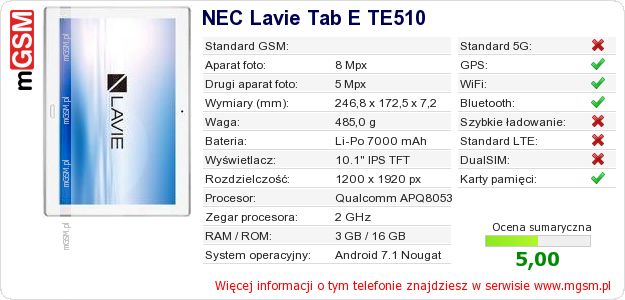 Dane telefonu NEC Lavie Tab E TE510 Dane telefonu NEC Lavie Tab E TE510