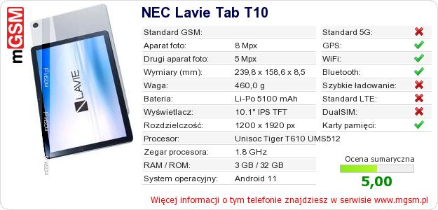 Dane telefonu NEC Lavie Tab T10 Dane telefonu NEC Lavie Tab T10