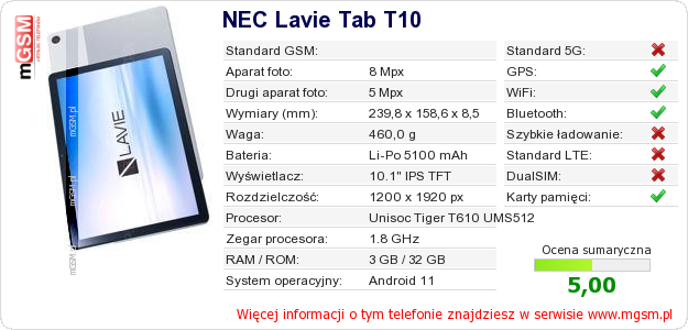 Dane telefonu NEC Lavie Tab T10 Dane telefonu NEC Lavie Tab T10