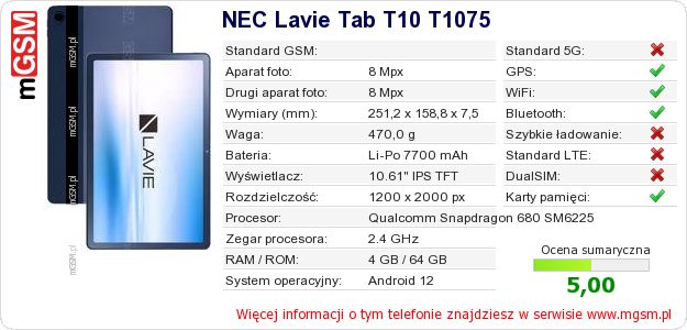 Dane telefonu NEC Lavie Tab T10 T1075