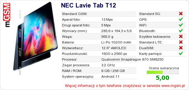 Dane telefonu NEC Lavie Tab T12 Dane telefonu NEC Lavie Tab T12