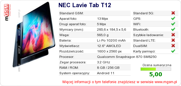 Dane telefonu NEC Lavie Tab T12