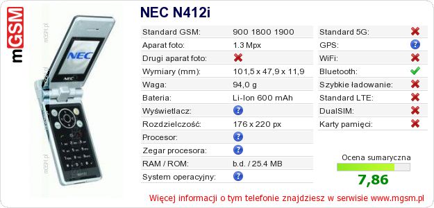 Dane telefonu NEC N412i