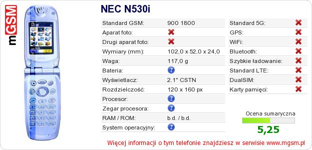 Dane telefonu NEC N530i Dane telefonu NEC N530i
