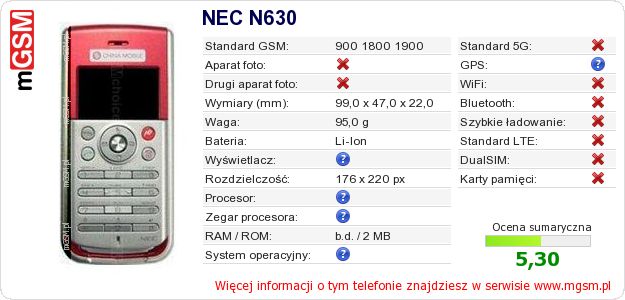 Dane telefonu NEC N630 Dane telefonu NEC N630