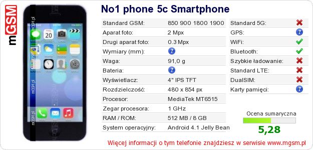 Dane telefonu No1 phone 5c Smartphone