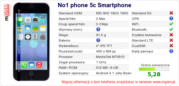 Dane telefonu No1 phone 5c Smartphone