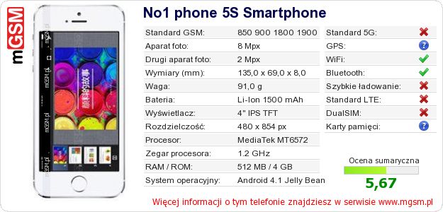 Dane telefonu No1 phone 5S Smartphone Dane telefonu No1 phone 5S Smartphone