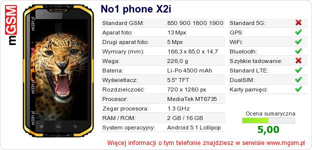 Dane telefonu No1 phone X2i