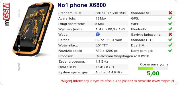 Dane telefonu No1 phone X6800