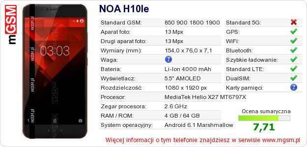 Dane telefonu NOA H10le Dane telefonu NOA H10le