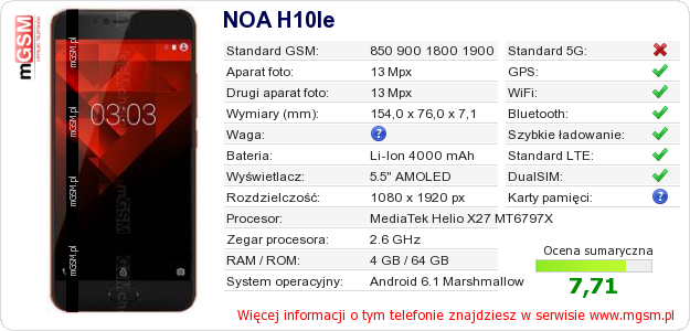 Dane telefonu NOA H10le