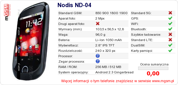Dane telefonu Nodis ND-04