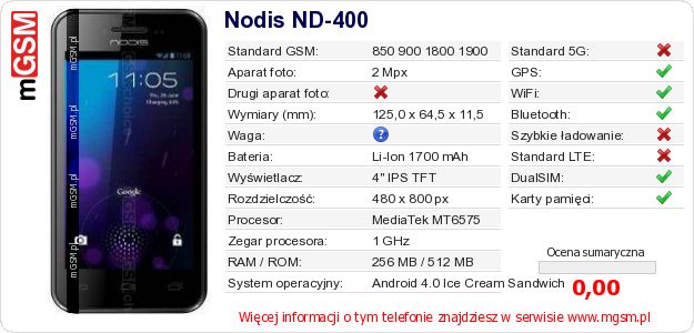 Dane telefonu Nodis ND-400 Dane telefonu Nodis ND-400