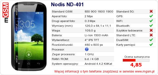 Dane telefonu Nodis ND-401