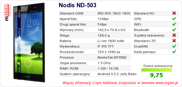 Dane telefonu Nodis ND-503