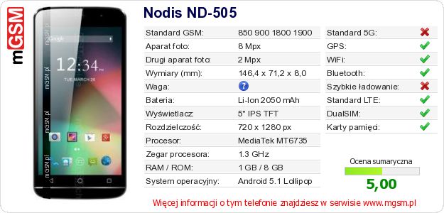 Dane telefonu Nodis ND-505 Dane telefonu Nodis ND-505
