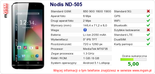 Dane telefonu Nodis ND-505