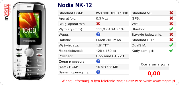 Dane telefonu Nodis NK-12