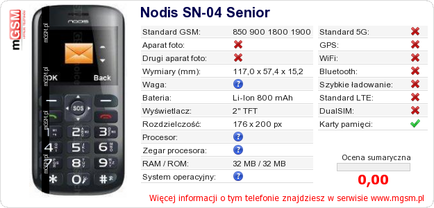 Dane telefonu Nodis SN-04 Senior