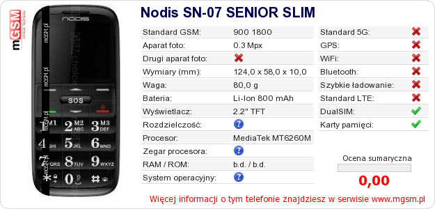 Dane telefonu Nodis SN-07 SENIOR SLIM