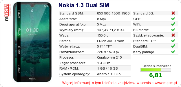 Dane telefonu Nokia 1.3 Dual SIM
