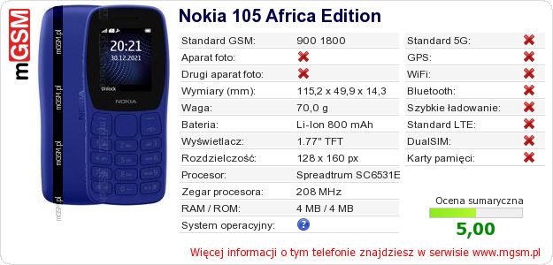 Dane telefonu Nokia 105 Africa Edition