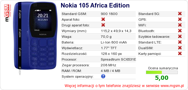 Dane telefonu Nokia 105 Africa Edition