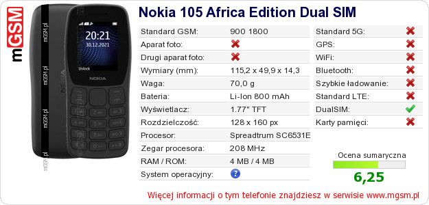 Dane telefonu Nokia 105 Africa Edition Dual SIM Dane telefonu Nokia 105 Africa Edition Dual SIM