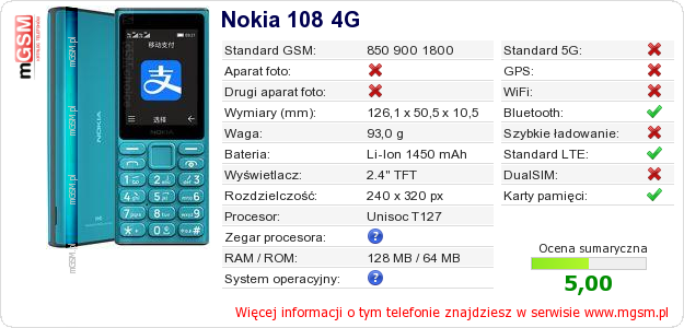 Dane telefonu Nokia 108 4G Dane telefonu Nokia 108 4G