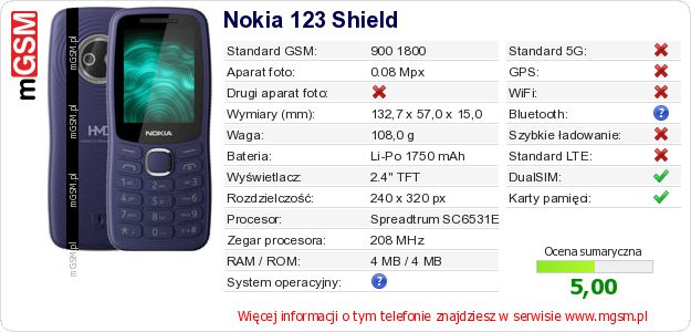 Dane telefonu Nokia 123 Shield