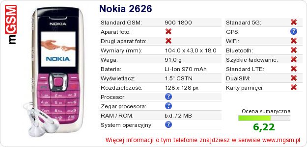 Dane telefonu Nokia 2626