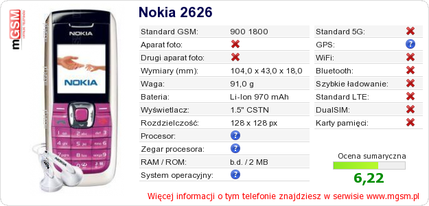 Dane telefonu Nokia 2626