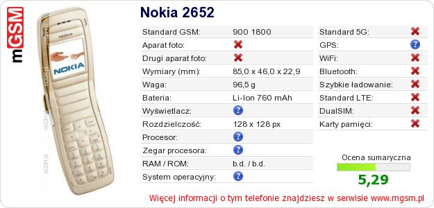 Dane telefonu Nokia 2652 Dane telefonu Nokia 2652