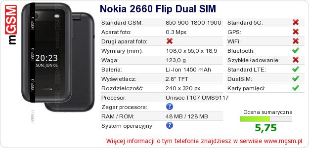 Dane telefonu Nokia 2660 Flip Dual SIM Dane telefonu Nokia 2660 Flip Dual SIM