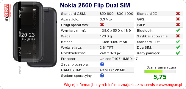 Dane telefonu Nokia 2660 Flip Dual SIM