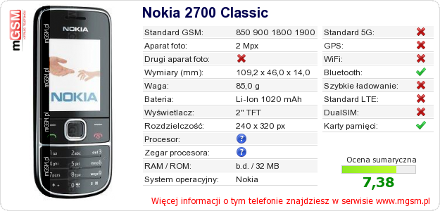 Dane telefonu Nokia 2700 Classic