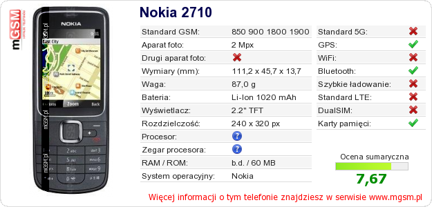 Dane telefonu Nokia 2710