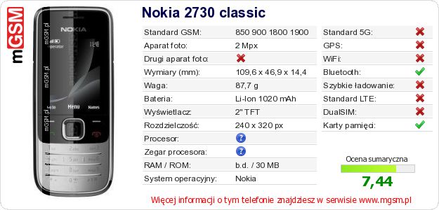 Dane telefonu Nokia 2730 classic Dane telefonu Nokia 2730 classic