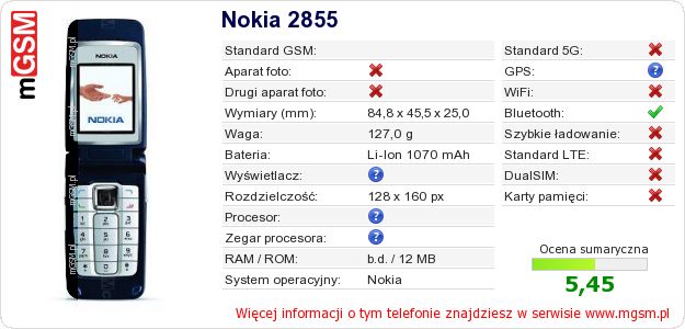Dane telefonu Nokia 2855 Dane telefonu Nokia 2855