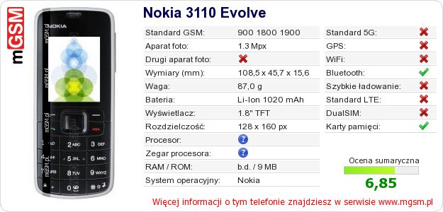 Dane telefonu Nokia 3110 Evolve Dane telefonu Nokia 3110 Evolve