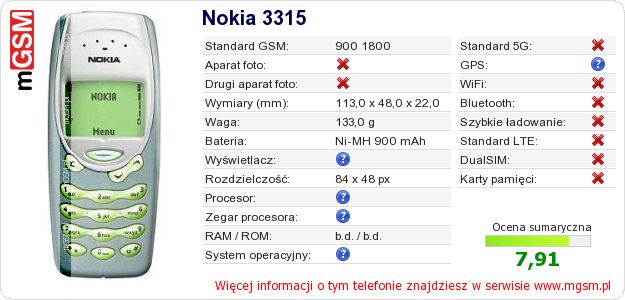 Dane telefonu Nokia 3315