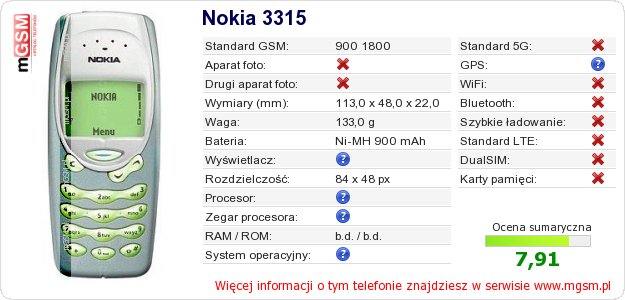 Dane telefonu Nokia 3315