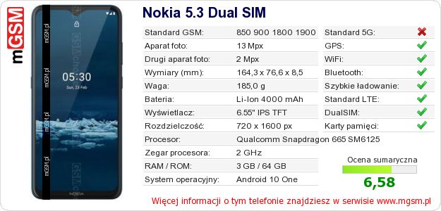 Dane telefonu Nokia 5.3 Dual SIM