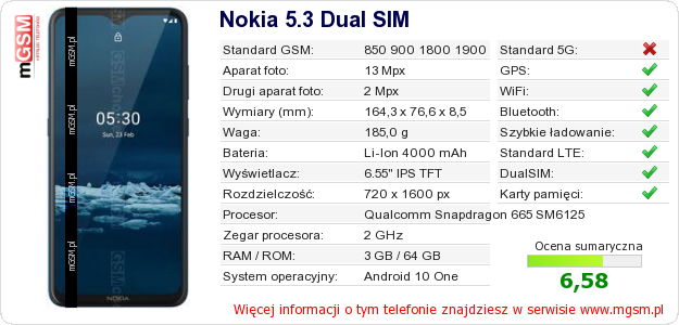 Dane telefonu Nokia 5.3 Dual SIM