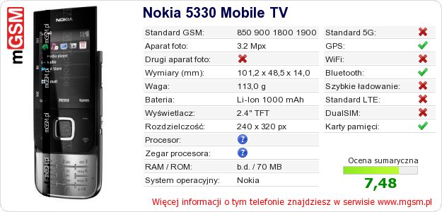Dane telefonu Nokia 5330 Mobile TV