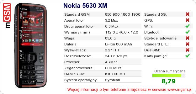 Dane telefonu Nokia 5630 XM