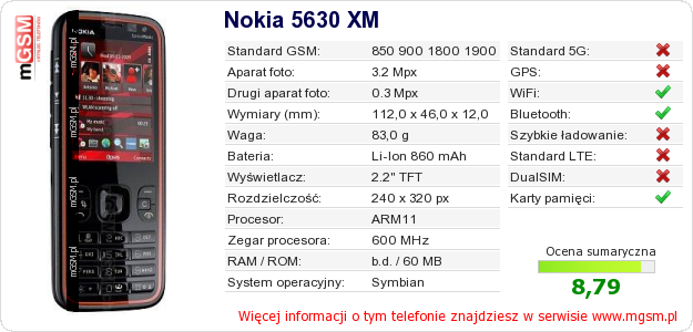 Dane telefonu Nokia 5630 XM